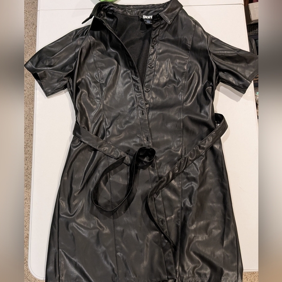 Dkny Dresses & Skirts - DKNY Black Faux Leather Belted Dress